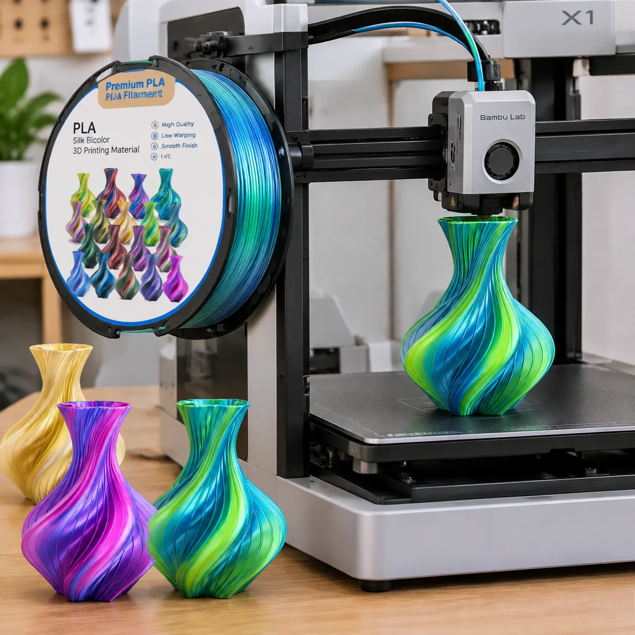 Yiqiu3D Silk PLA Dual & Tri-Color Filament 1.75mm, Laser Metallic Shine, 8 Color Combos — Product Images