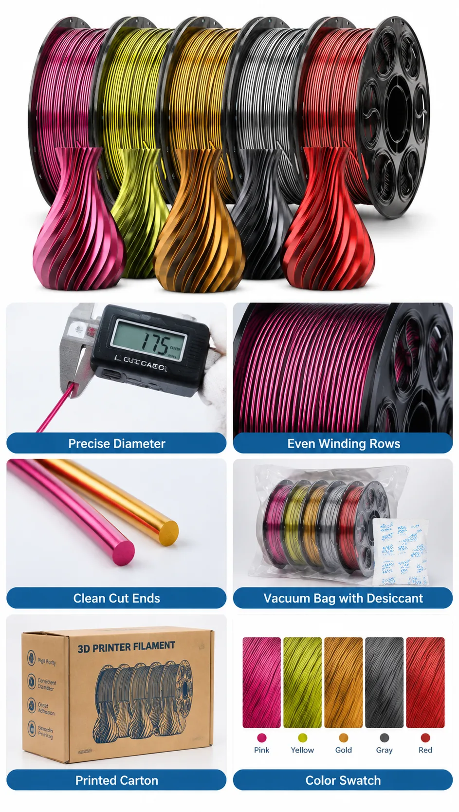 Wholesale Silk PLA Filament Two-Color Black Gold Silver Duo-Tone — Close-up