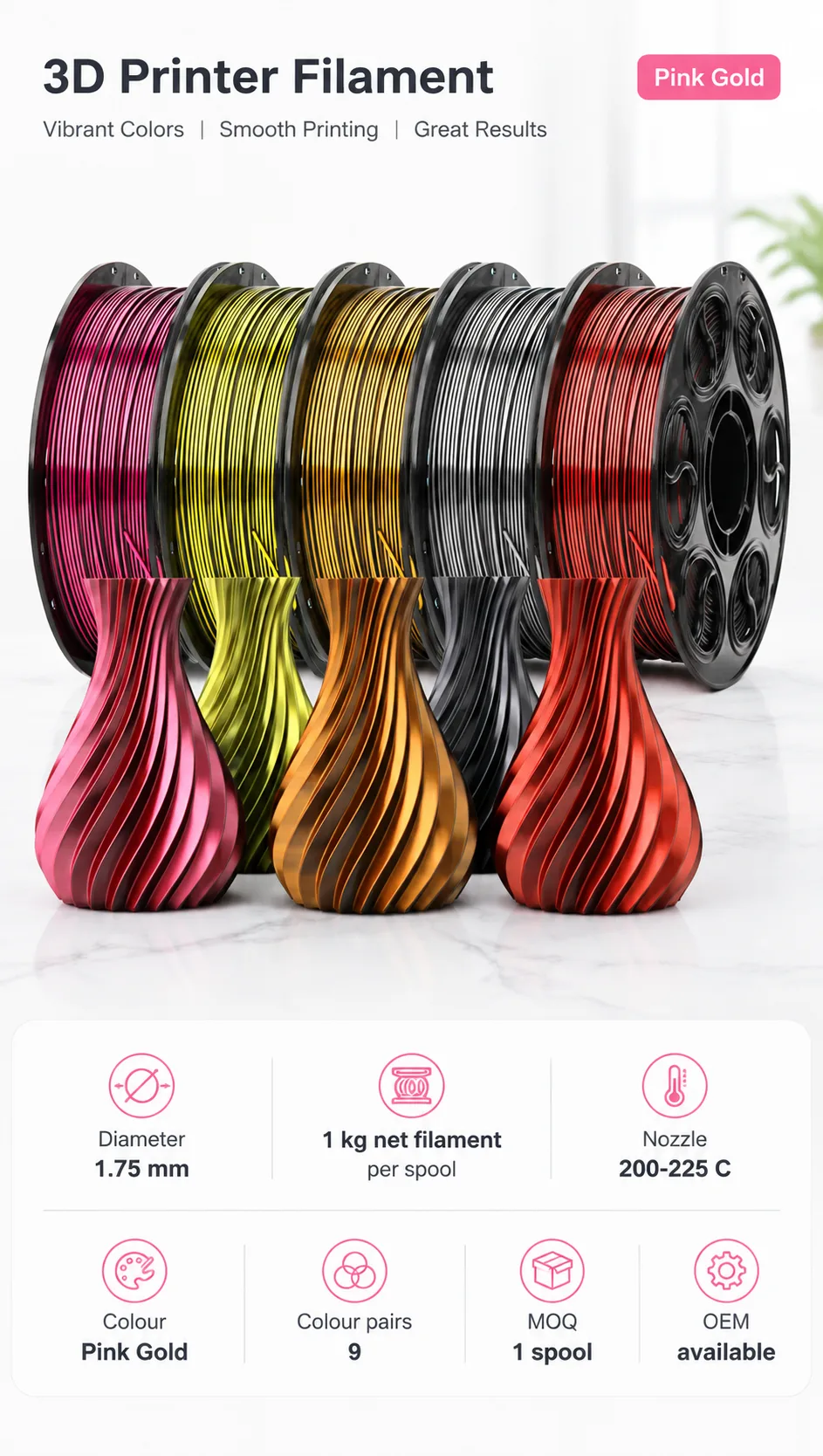 Wholesale Silk PLA Filament Two-Color Black Gold Silver Duo-Tone — Spec Sheet
