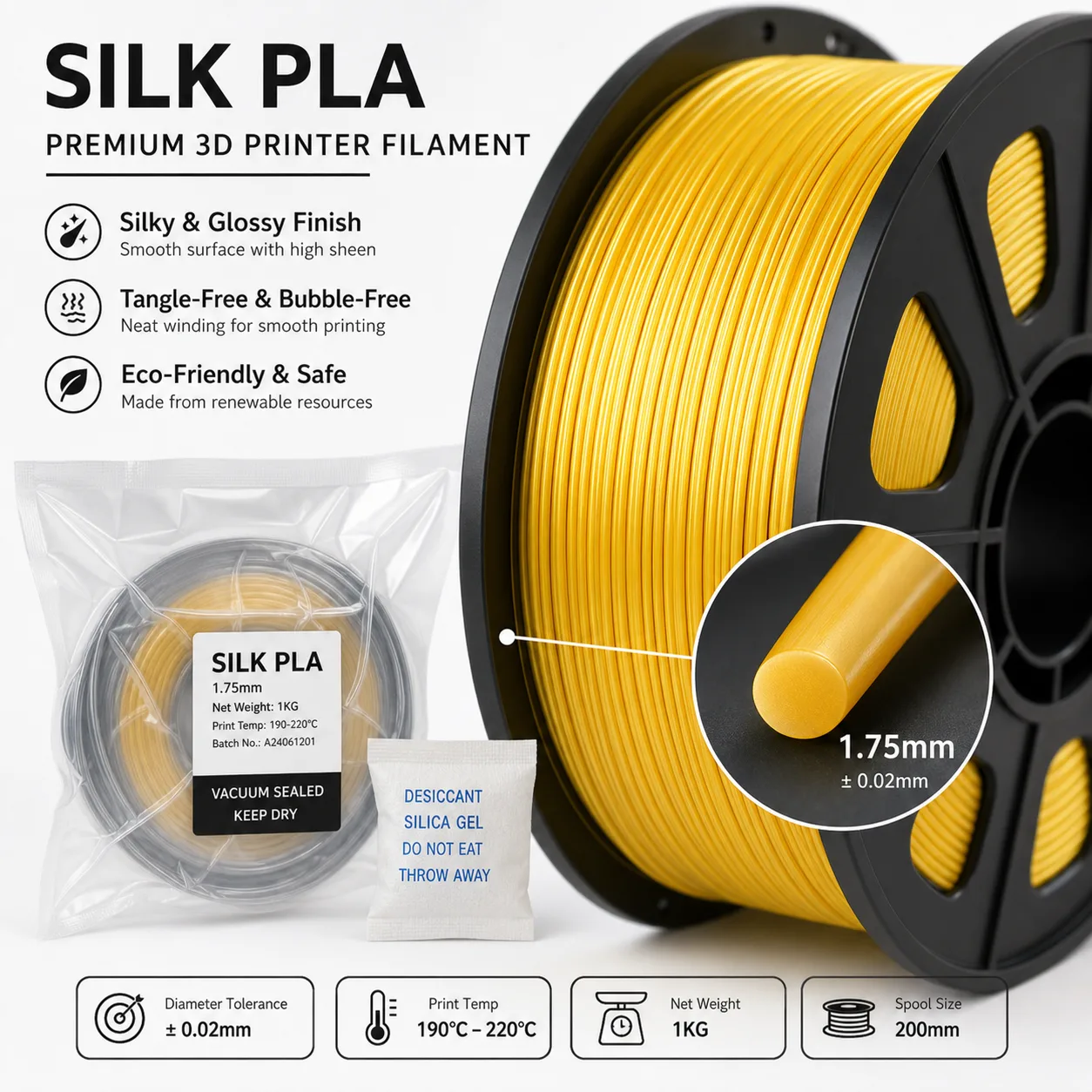 Silk Yellow PLA Filament 1.75mm 1kg Shiny Metallic Finish — Close-up