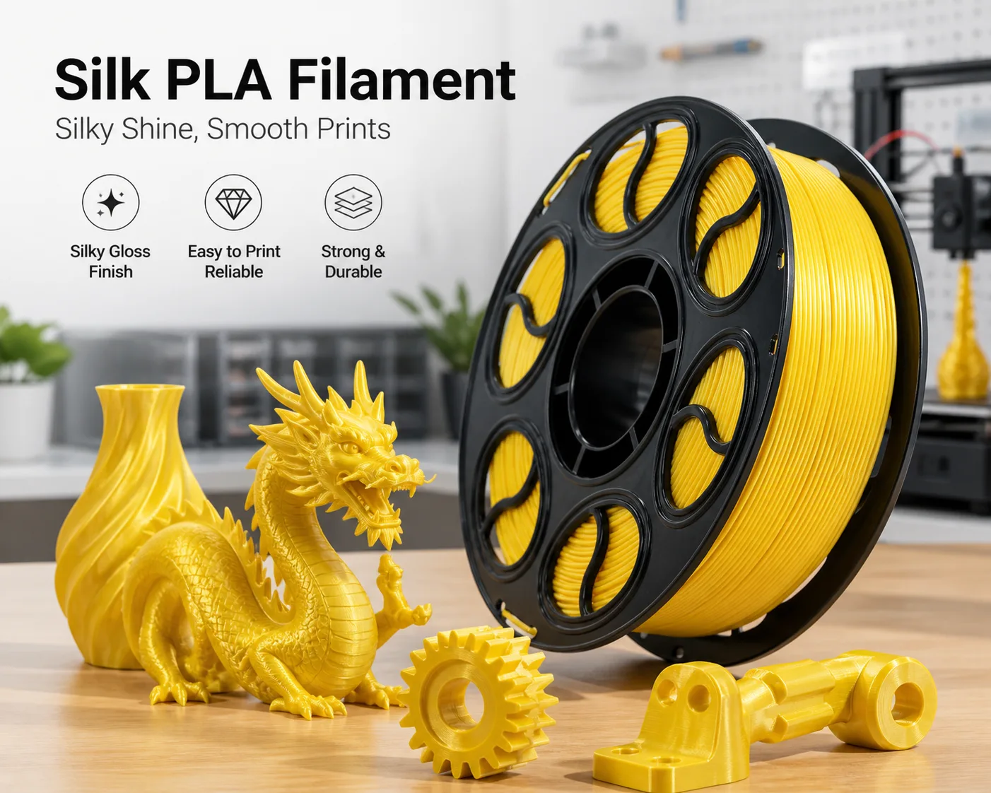 Silk Yellow PLA Filament 1.75mm 1kg Shiny Metallic Finish — Scene