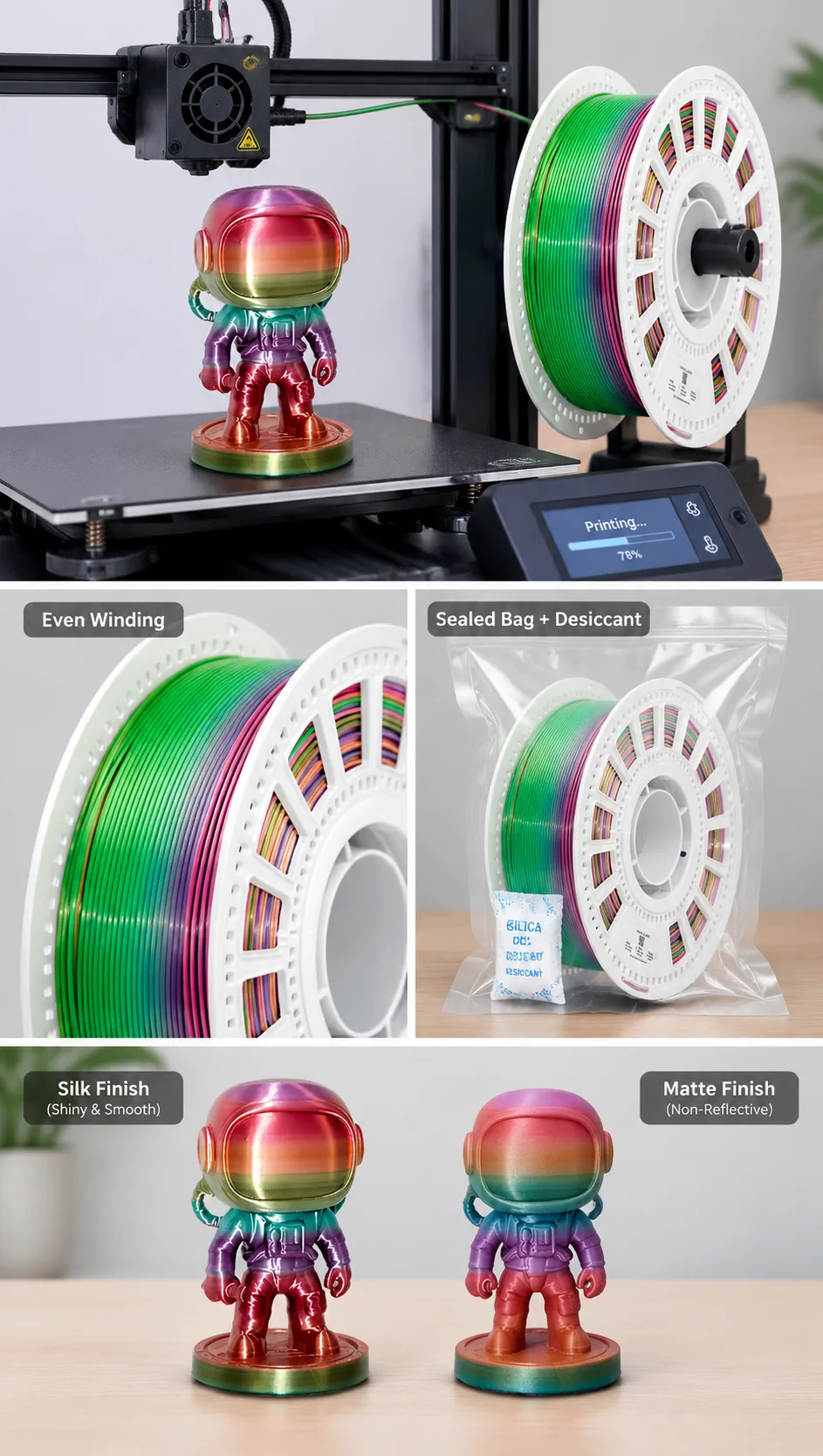 Yiqiu3D Silk PLA Filament 1.75mm 1kg Candy Rainbow Gradient 8 Colors High Gloss — Close-up