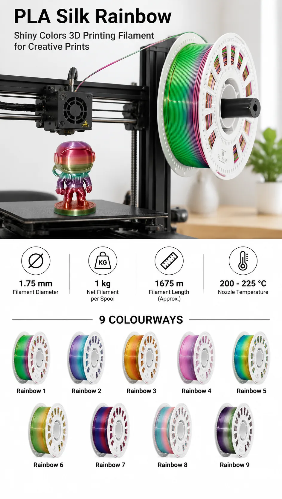 Yiqiu3D Silk PLA Filament 1.75mm 1kg Candy Rainbow Gradient 8 Colors High Gloss — Spec Sheet