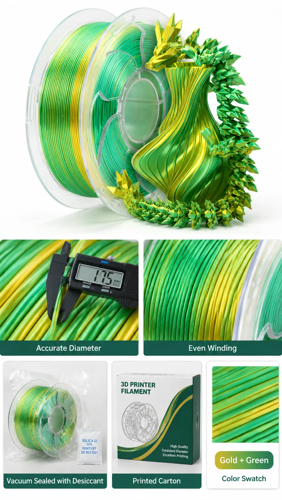 Yiqiu3D Topsun Silk PLA Filament 1.75mm 1kg Dual Color Yellow Green Gradient Custom Combo — Close-up