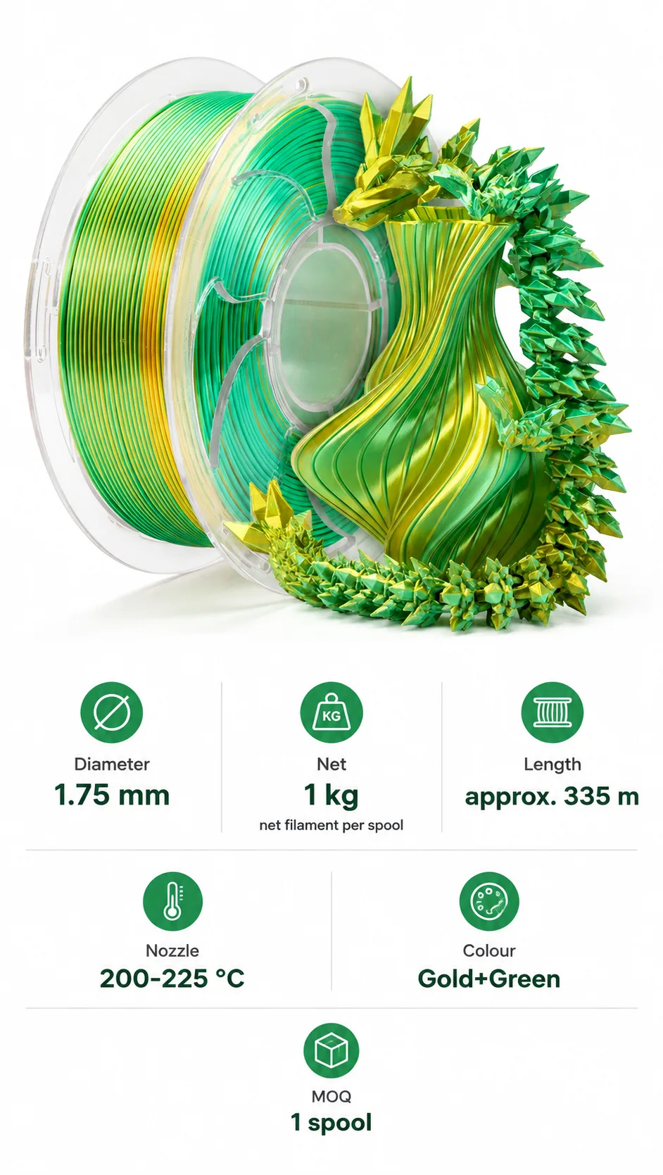 Yiqiu3D Topsun Silk PLA Filament 1.75mm 1kg Dual Color Yellow Green Gradient Custom Combo — Spec Sheet