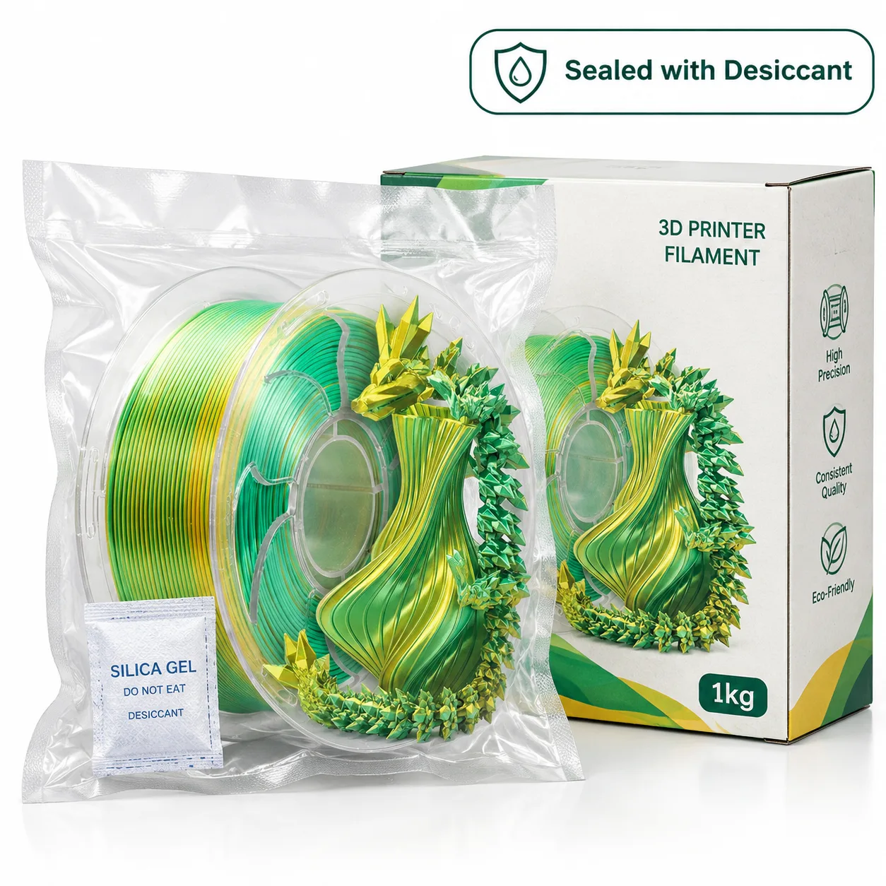 Yiqiu3D Topsun Silk PLA Filament 1.75mm 1kg Dual Color Yellow Green Gradient Custom Combo — Product Images