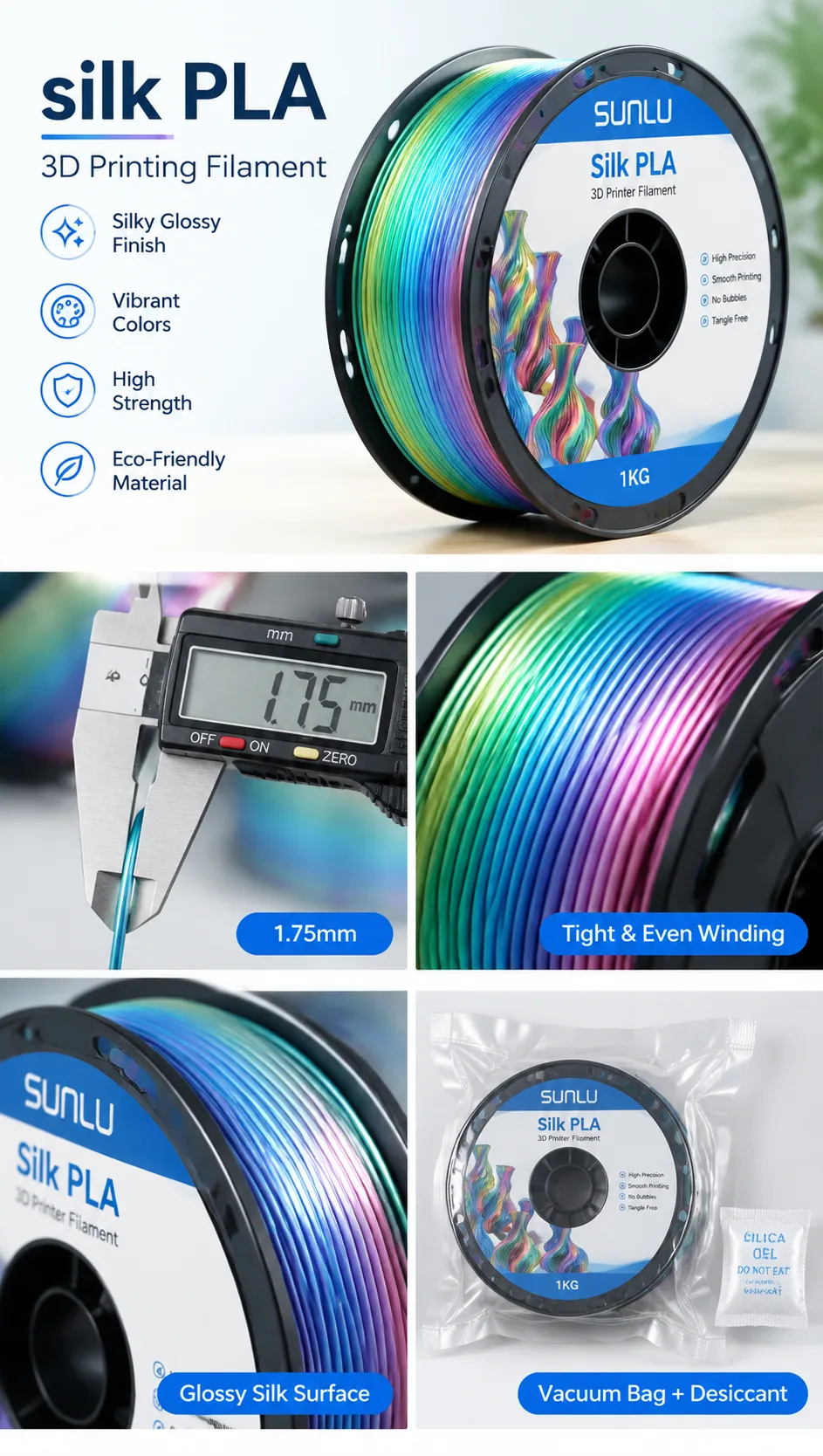 Yiqiu3D Toson Silk PLA 1.75mm Laser Blue Two-Tone Chinese Dragon, 8 Silk Dual-Color Combos, Custom Packaging, Bambu Lab — Close-up