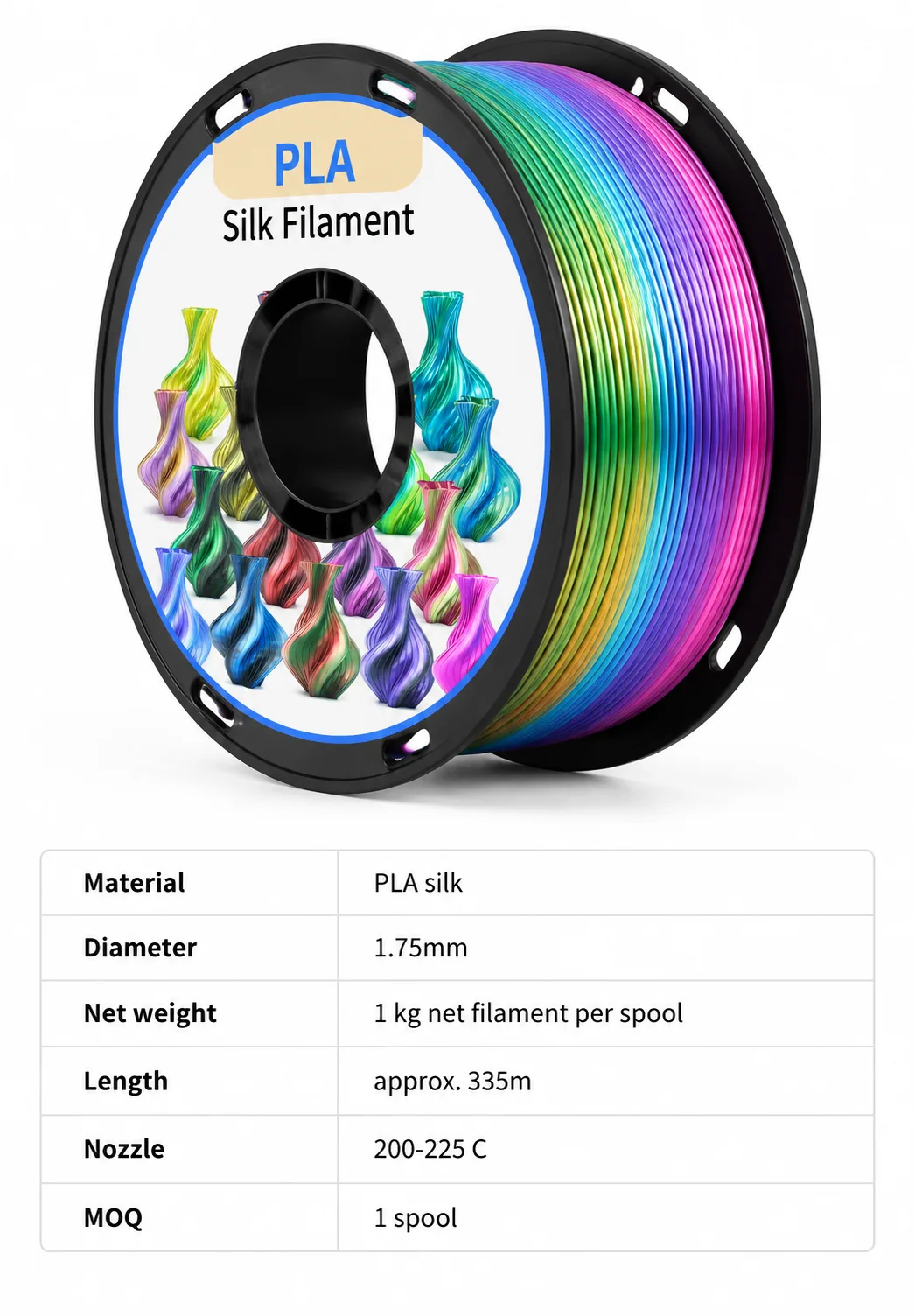 Yiqiu3D Toson Silk PLA 1.75mm Laser Blue Two-Tone Chinese Dragon, 8 Silk Dual-Color Combos, Custom Packaging, Bambu Lab — Spec Sheet