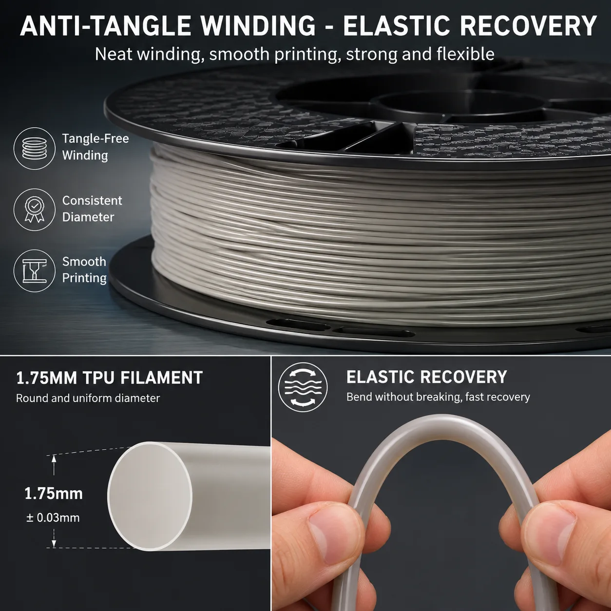 TPU 95A 1.75mm Flexible Filament 1KG Transparent 8 Colors Soft Elastic — Close-up