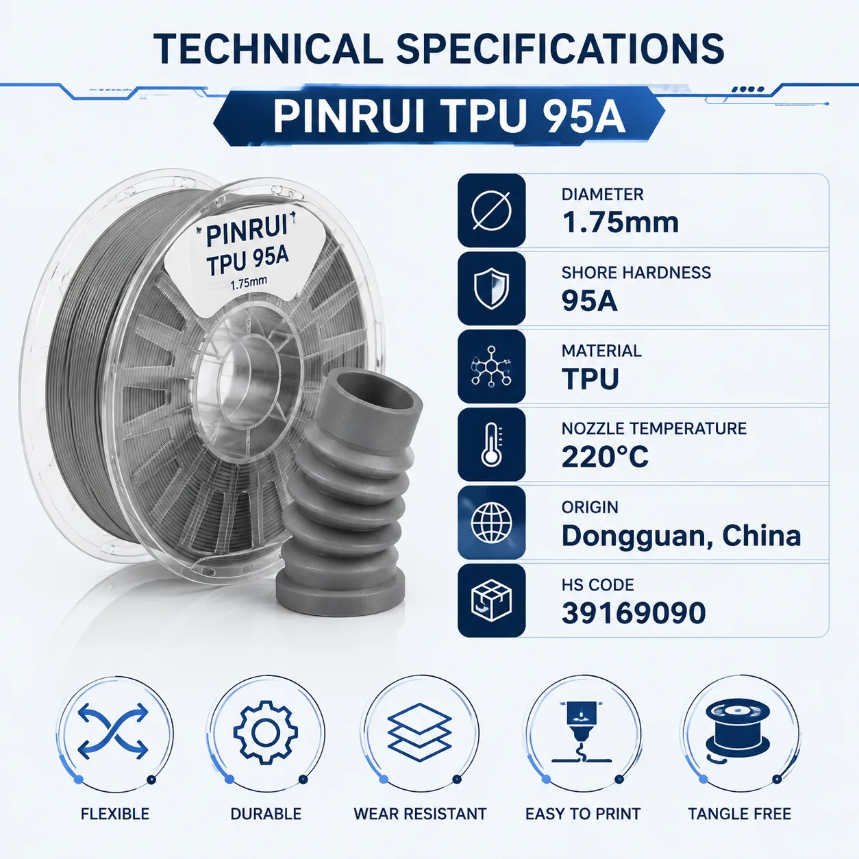 TPU 95A 1.75mm Flexible Filament 1KG Transparent 8 Colors Soft Elastic — Spec Sheet