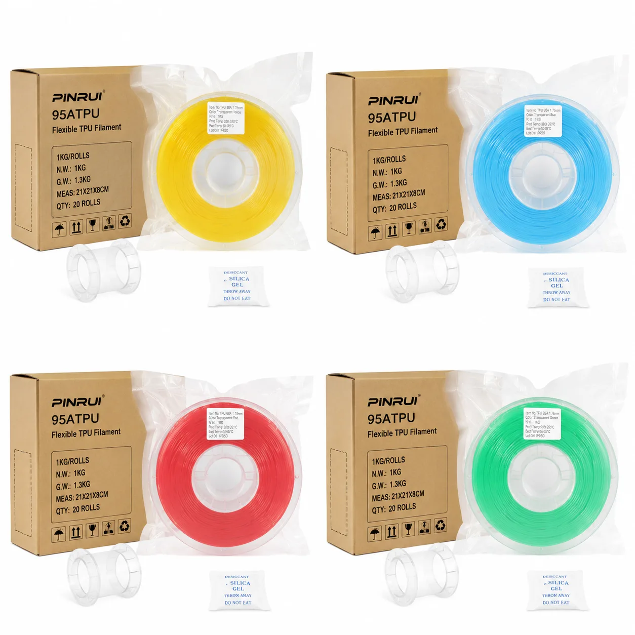 TPU 95A 1.75mm Flexible Filament 1KG Transparent 8 Colors Soft Elastic — Product Images