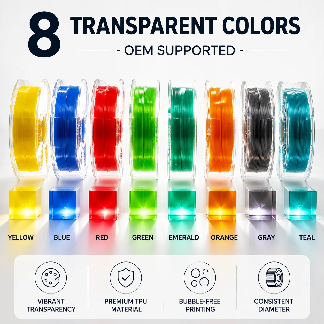TPU 95A 1.75mm Flexible Filament 1KG Transparent 8 Colors Soft Elastic — Product Images