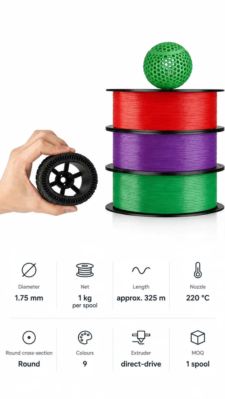 TPU Filament Black 1.75mm 1kg Yiqiu3D Flexible — Spec Sheet