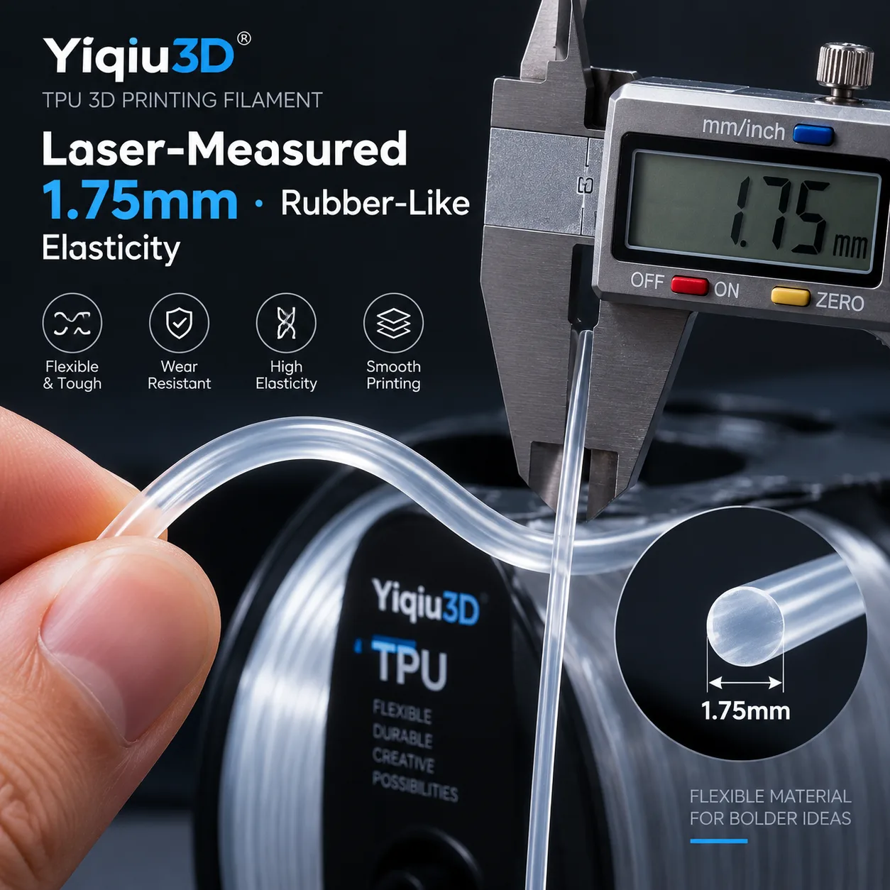 Yiqiu3D TPU Filament 1.75mm 1kg Flexible Elastic Rubber-Like — Product Images
