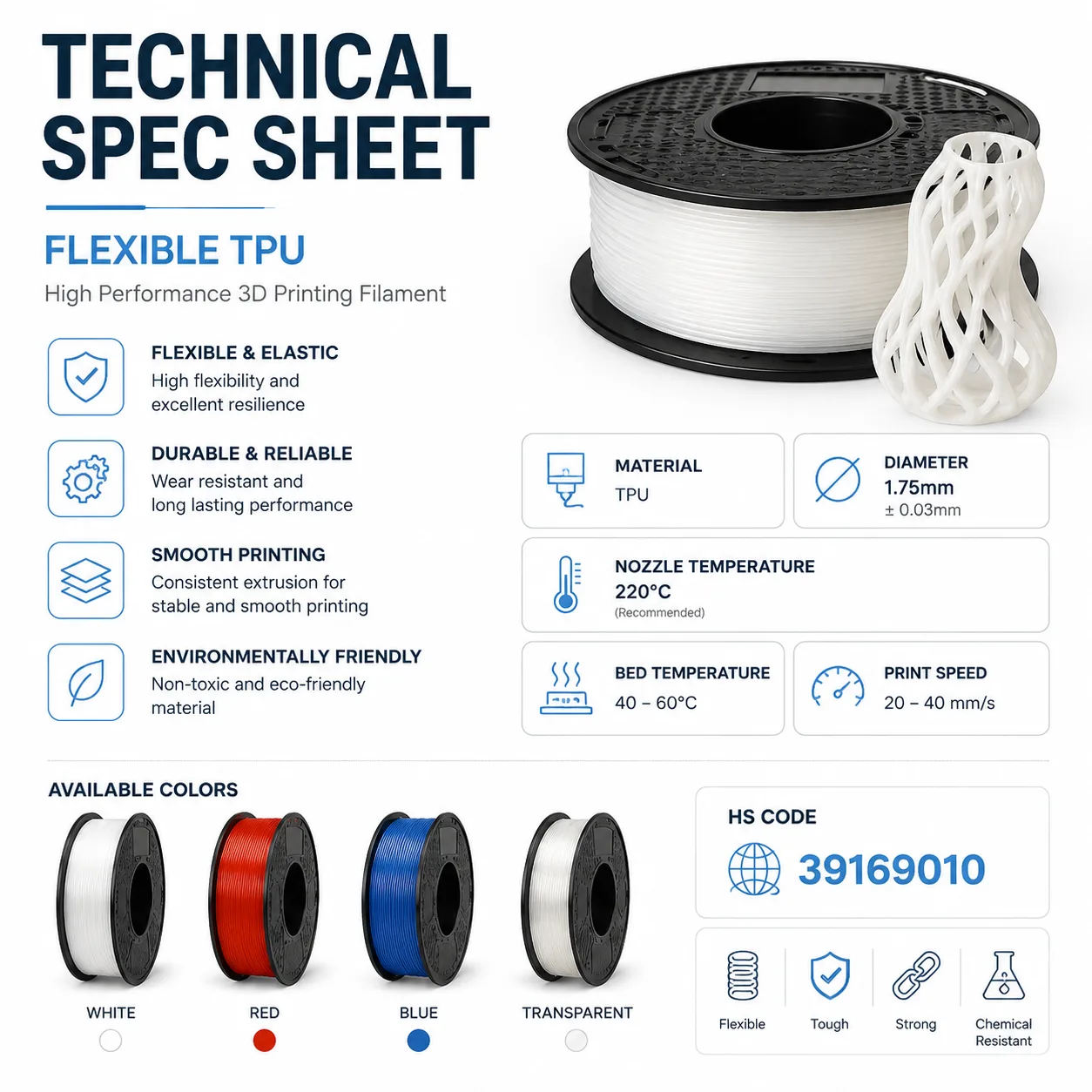 TPU Flexible Filament 1.75mm High Elastic Soft — Spec Sheet