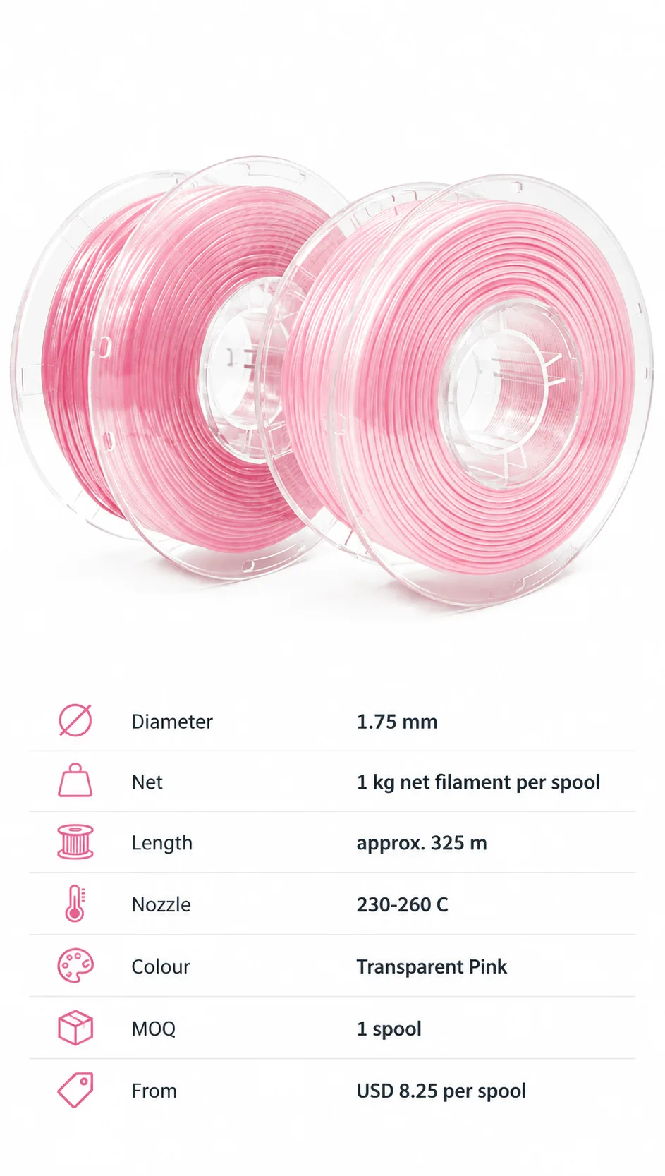 Transparent PETG Filament 1.75mm Crystal Clear Ice Blue Teal — Spec Sheet