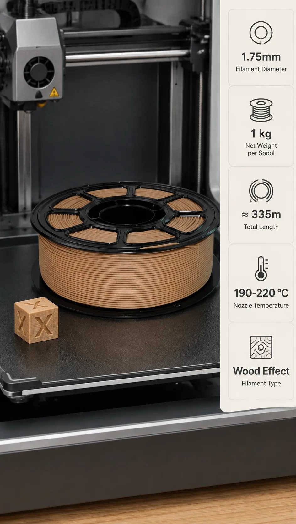 Wood PLA Filament 1.75mm 1kg Sandable Wood Finish — Spec Sheet