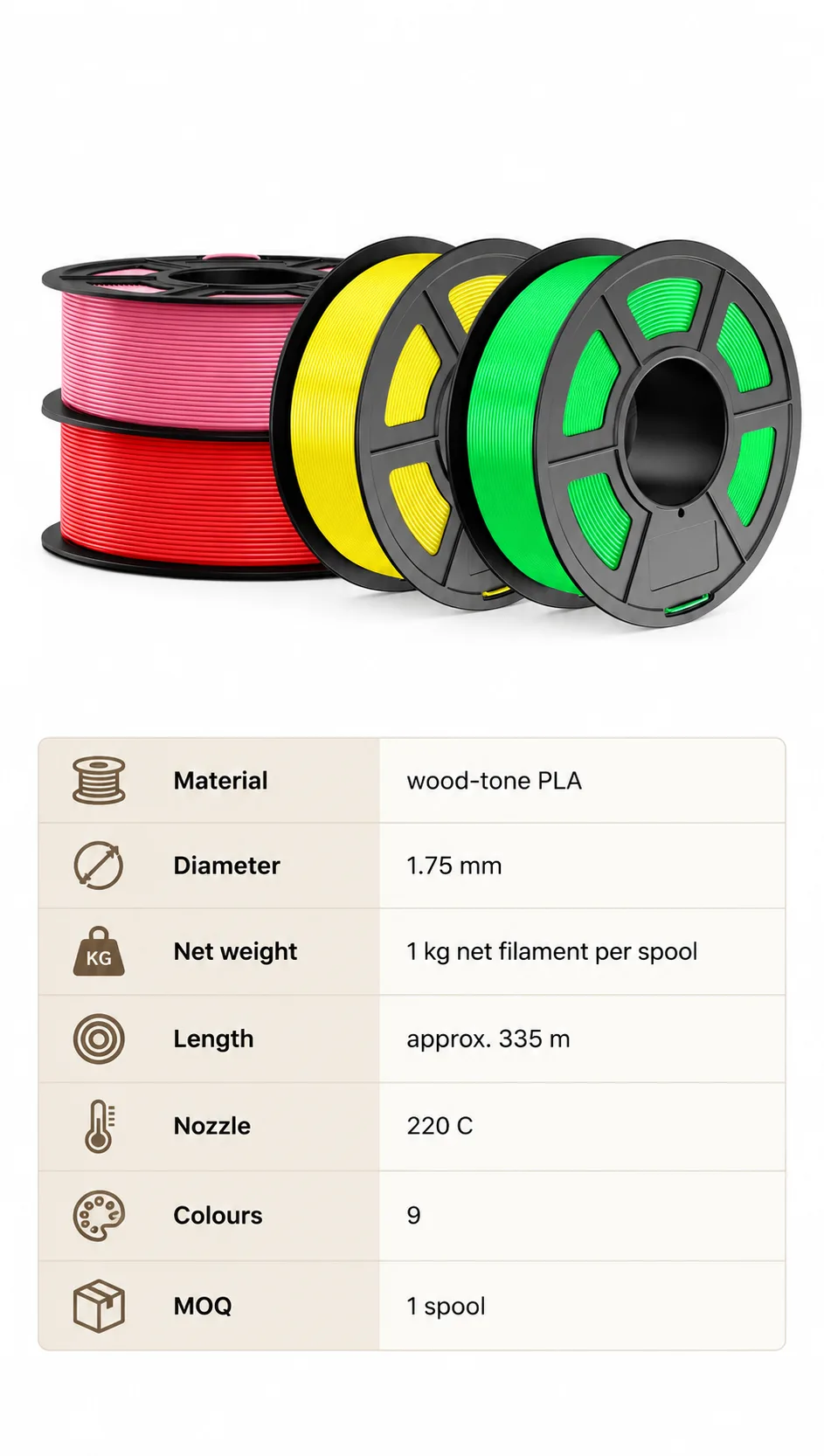 Yiqiu3D Wood PLA Filament 1.75mm 1KG Wood Tone Texture Natural Look 8 Colors Sandable — Spec Sheet