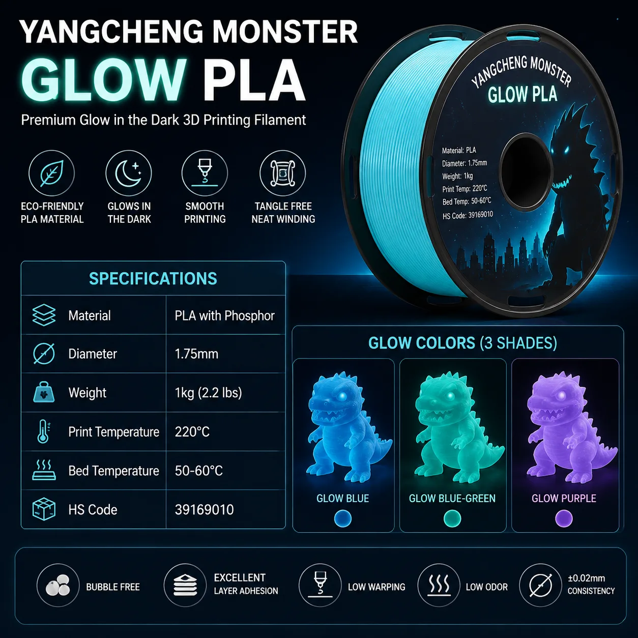 Glow-in-the-Dark PLA Filament 1.75mm, Rainbow Neon Glow — Spec Sheet