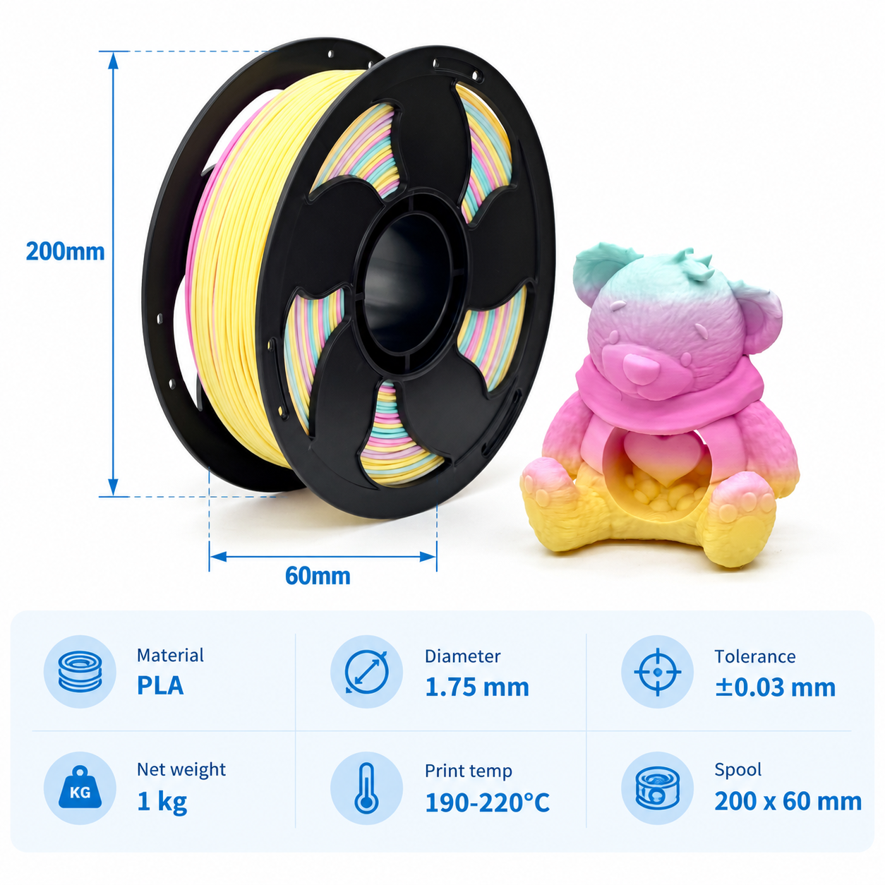 Yiqiu3D Dual-Color Matte PLA Filament 1.75 mm 1 kg Rainbow Candy Pastel — Product Images